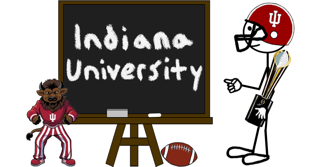 Football player holding a trophy and standing next to a chalkboard reading "Indiana University" - representing a blog post about the Hoosier’s trademark registrations.