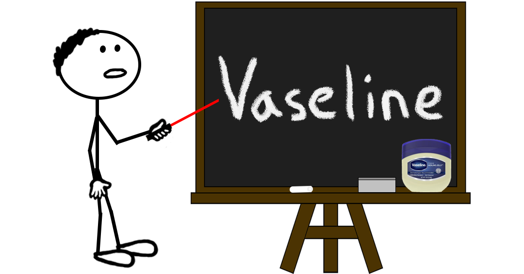 Cartoon stick figure pointing at a chalkboard with “Vaseline” written in large chalk letters — representing a blog post about the Vaseline word mark trademark registration.