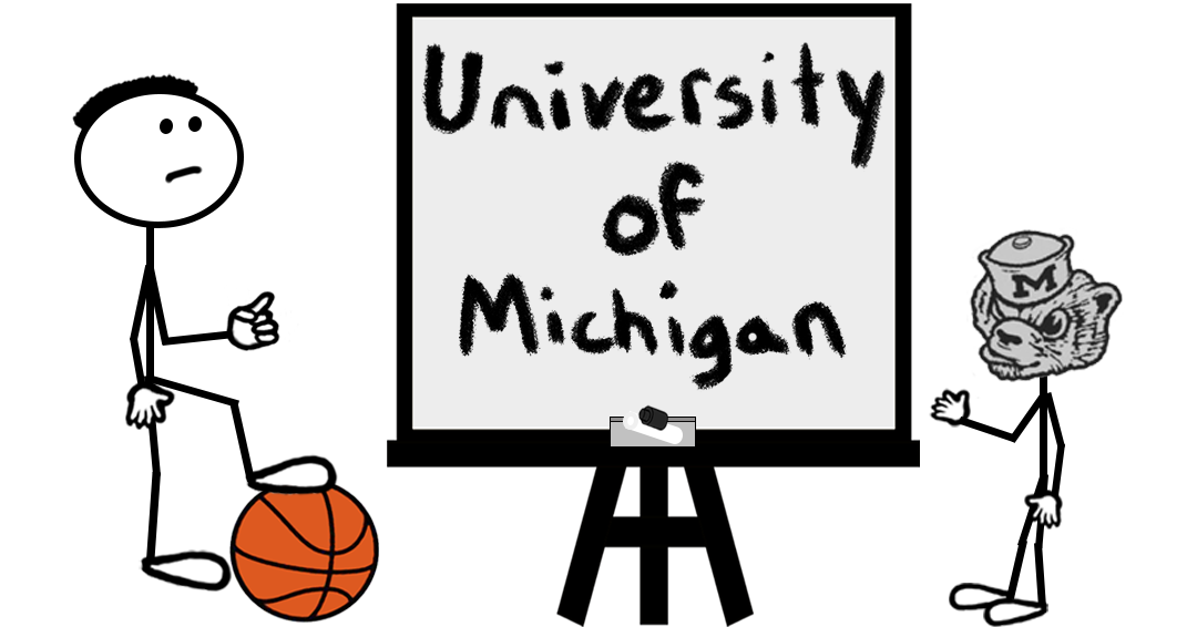 Cartoon stick figure standing on a basketball and pointing at a whiteboard reading UNIVERSITY OF MICHIGAN – representing a blog post about Final Four 2026 trademark registrations for the University of Michigan.