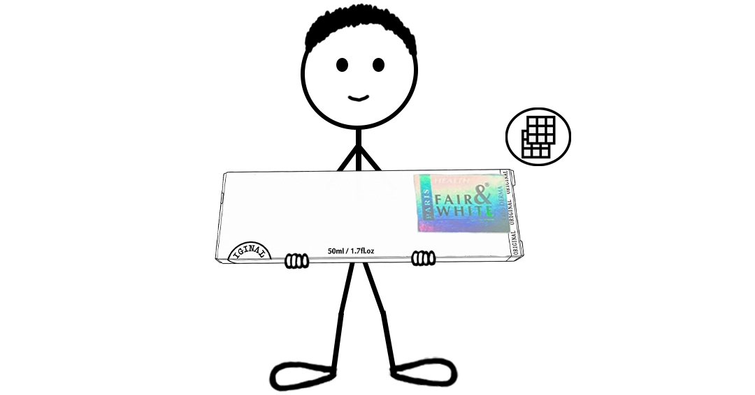 Cartoon stick figure holding a package of a beauty product bearing a holographic security label — representing a blog post about the Fair & White Security hologram mark trademark registration.