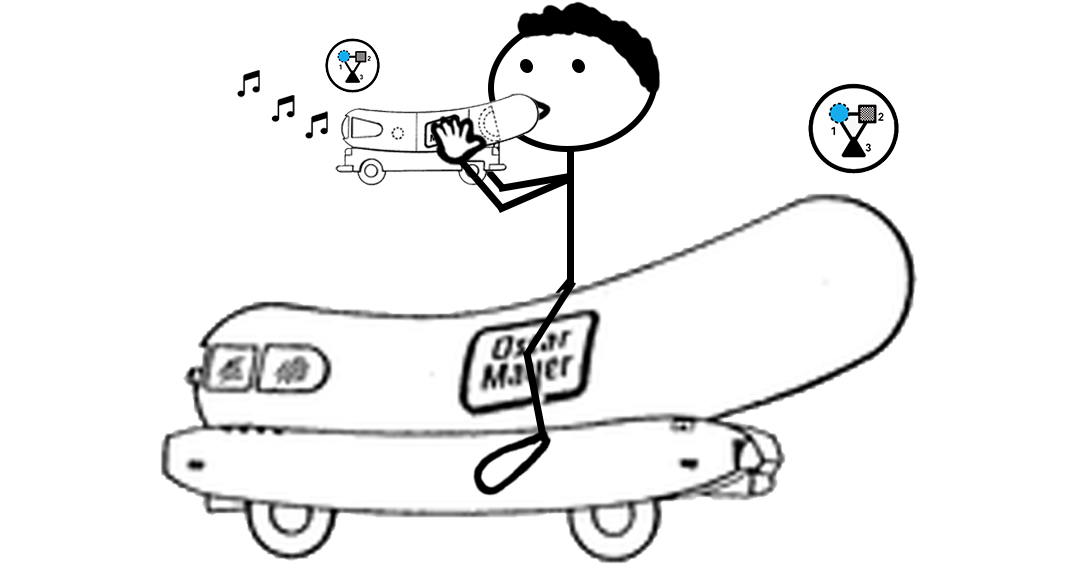 Cartoon stick figure riding a vehicle shaped like a hot dog while blowing out of a whistle also shaped like a hot dog — representing a blog post about Wienermobile configuration mark trademark registrations.