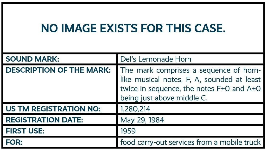Del's Lemonade Horn sound mark trademark registration