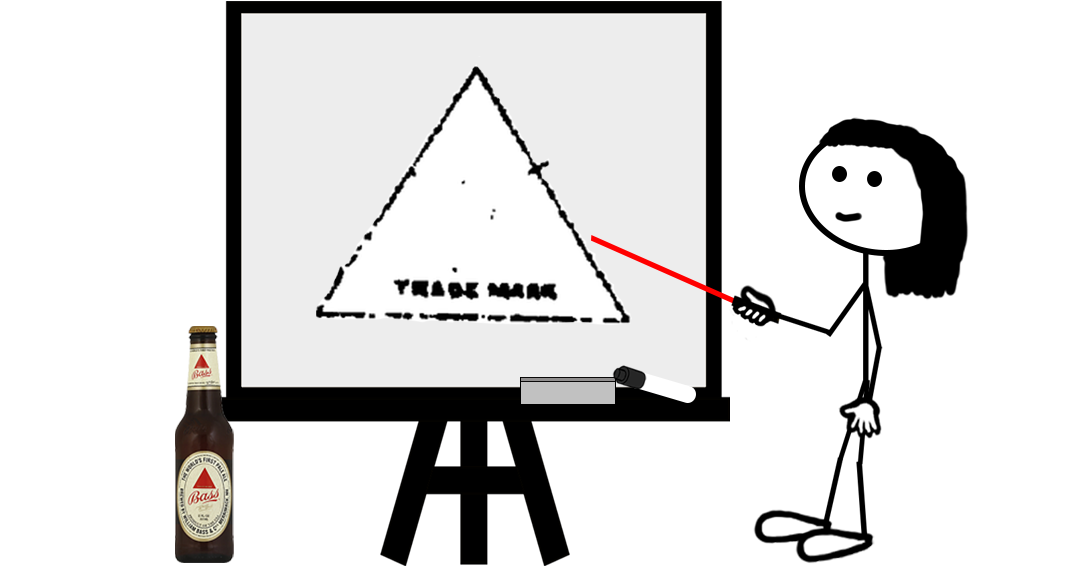 Cartoon stick figure with a laser pointer pointing at a whiteboard displaying a triangle logo — representing a blog post about the Bass Triangle Logo design mark trademark registration.