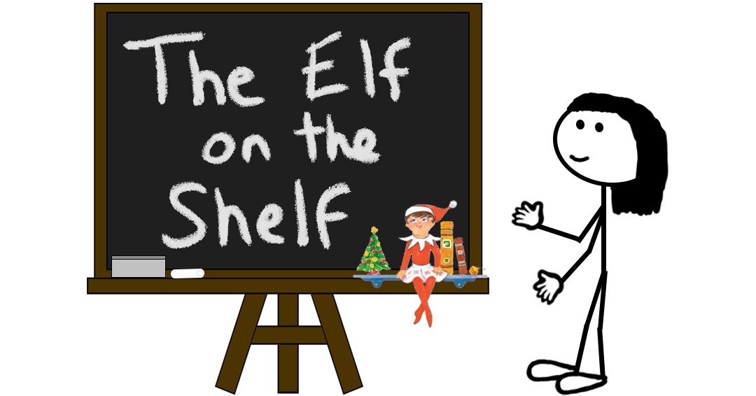 Cartoon stick figure pointing to a chalkboard reading "The Elf on the Shelf," with the elf doll, Christmas tree, and books on the shelf — representing The Elf on the Shelf word mark trademark registration.