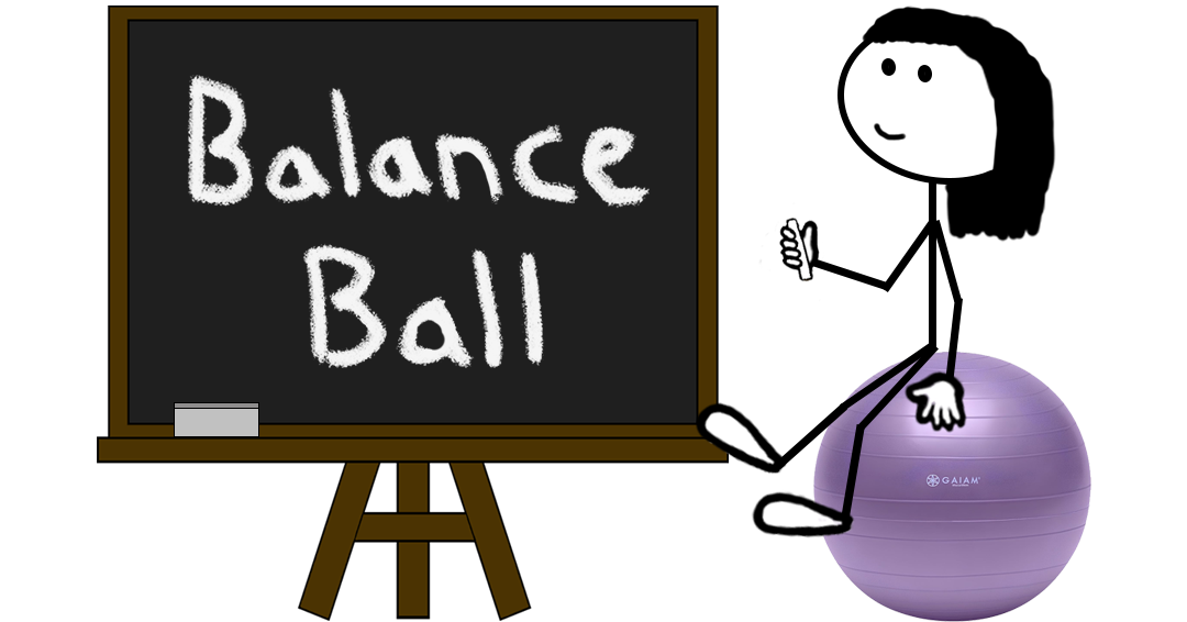 Cartoon stick figure sitting on an exercise ball pointing at a chalkboard with “BALANCE BALL” written in large chalk letters — representing a blog post about the Balance Ball word mark trademark registration.