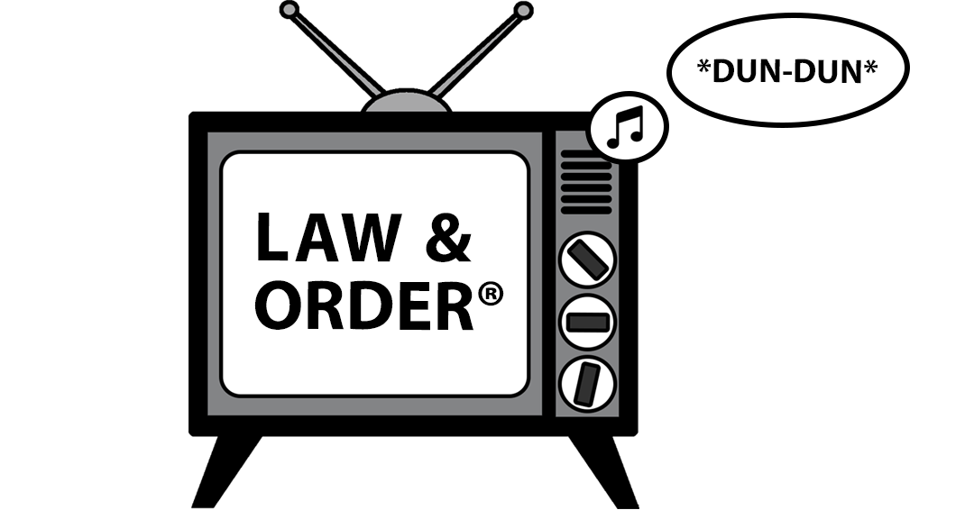 Cartoon TV playing the Law & Order television show, with the *Dun-Dun* sound coming out of the TV – representing a blog post about the Law & Order Dun-Dun sound mark.
