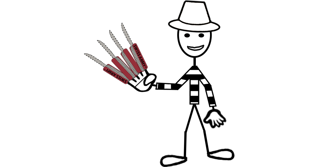 Cartoon of Freddy Krueger-style stick figure with Swiss Army knives in red handles for claws — representing a blog post about the Swiss Army red color mark non-traditional trademark.