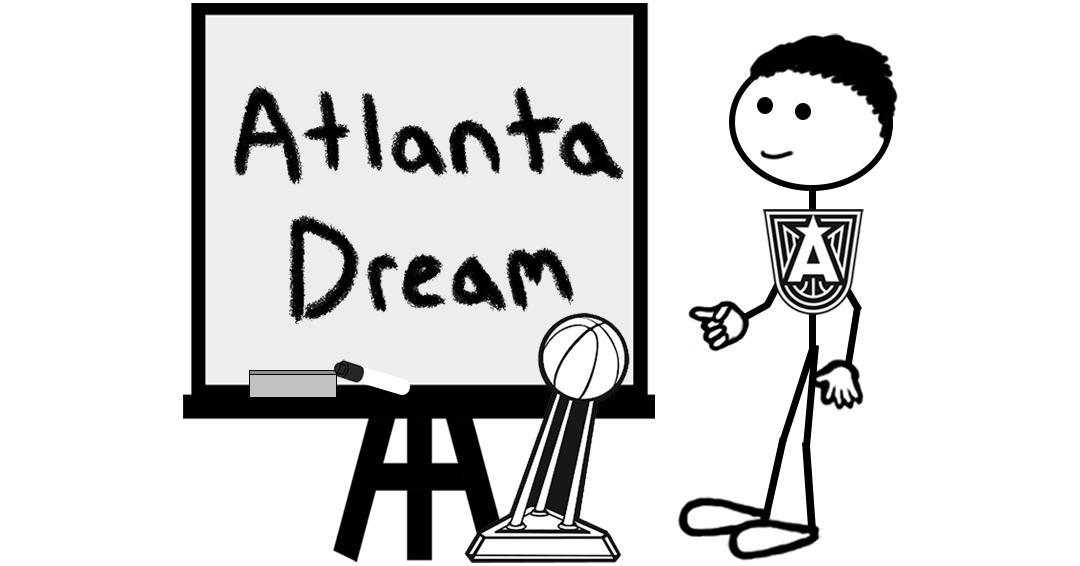 Cartoon Atlanta Dream basketball player standing next to a whiteboard reading “Atlanta Dream” – representing a blog post about trademarks for the 2026 WNBA Finals.