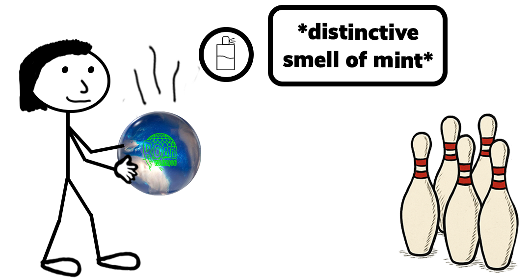 Cartoon stick figure holding a bowling ball smelling of a “distinctive smell of mint” — representing a blog post about the Storm Bowling Ball scent mark trademark registration.
