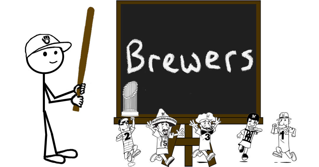 Cartoon stick figure wearing a Milwaukee Brewers cap and holding a baseball bat beside the Famous Racing Sausages and a chalkboard reading “Brewers” with a trophy — representing a blog post about trademarks in the 2026 World Series.