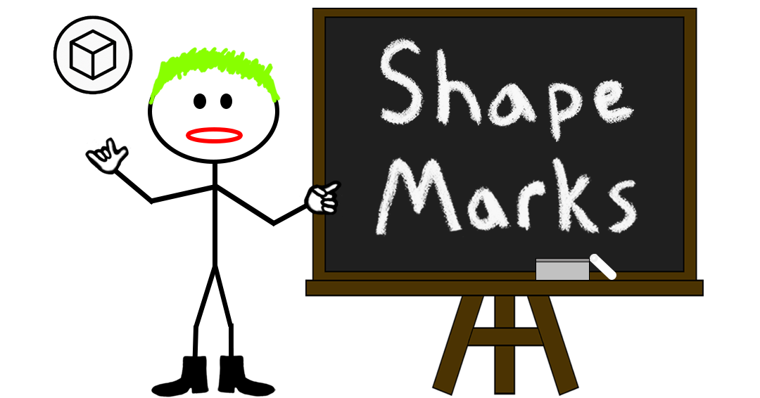 Rebel cartoon stick figure with green hair pointing at a chalkboard with “Shape Marks” written in large chalk letters — representing a blog post about shape marks and non-traditional trademarks.