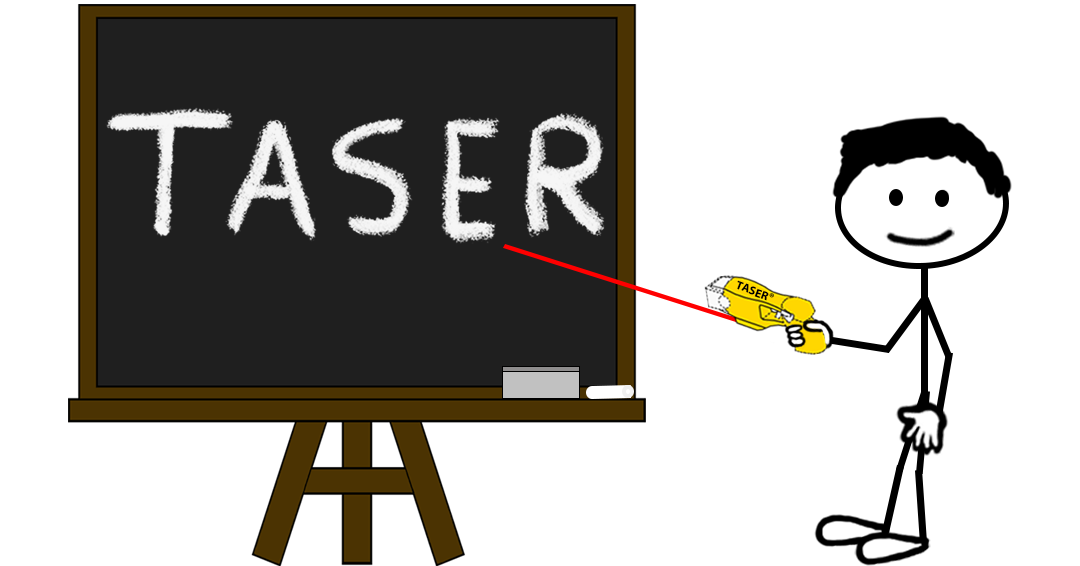 Cartoon stick figure holding a yellow conducted electrical weapon and pointing it at a chalkboard with “TASER” written in large chalk letters — representing a blog post about the TASER word mark trademark registration.