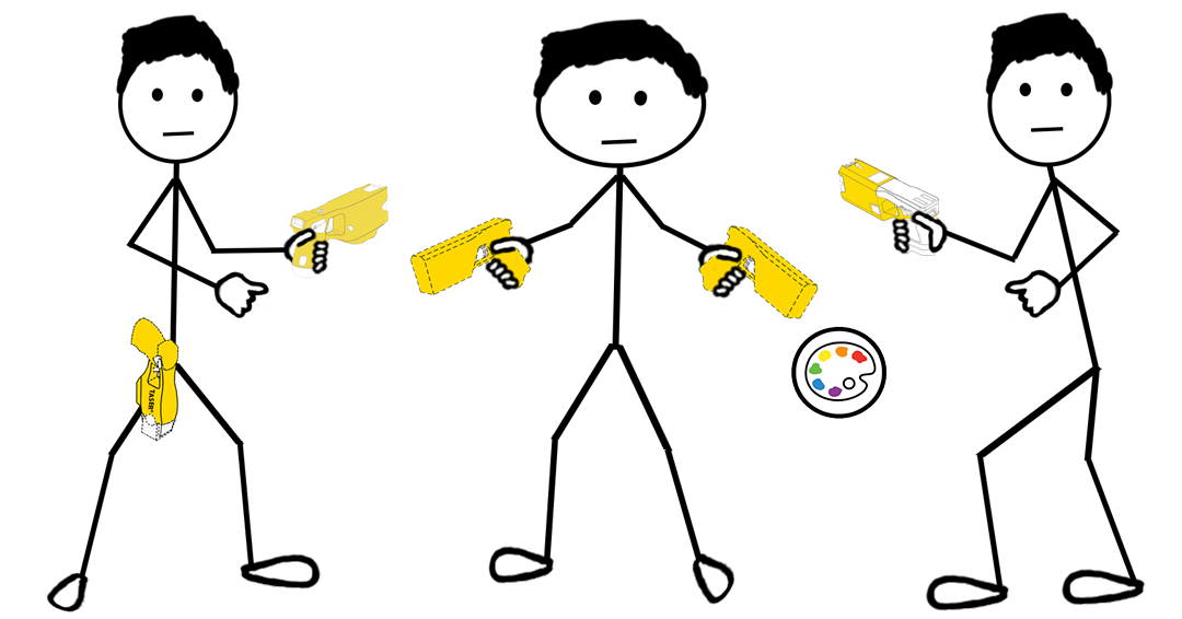 Three cartoon stick figures in a standoff, each holding a yellow TASER® brand conducted electrical weapon — representing a blog post about the Axon Yellow color mark trademark registration.
