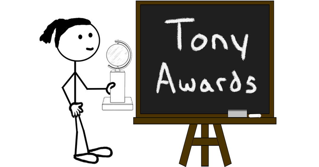 Cartoon stick figure standing next to a chalkboard reading “Tony Awards” — representing a blog post about Tony Awards trademark registrations.