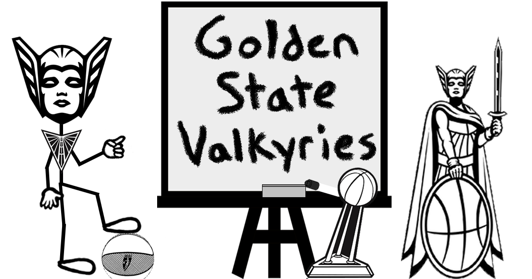 Cartoon Golden State Valkyrie basketball player standing next to a whiteboard displaying the words “Golden State Valkyrie” - representing a blog post about trademarks for the 2025 WNBA Finals.