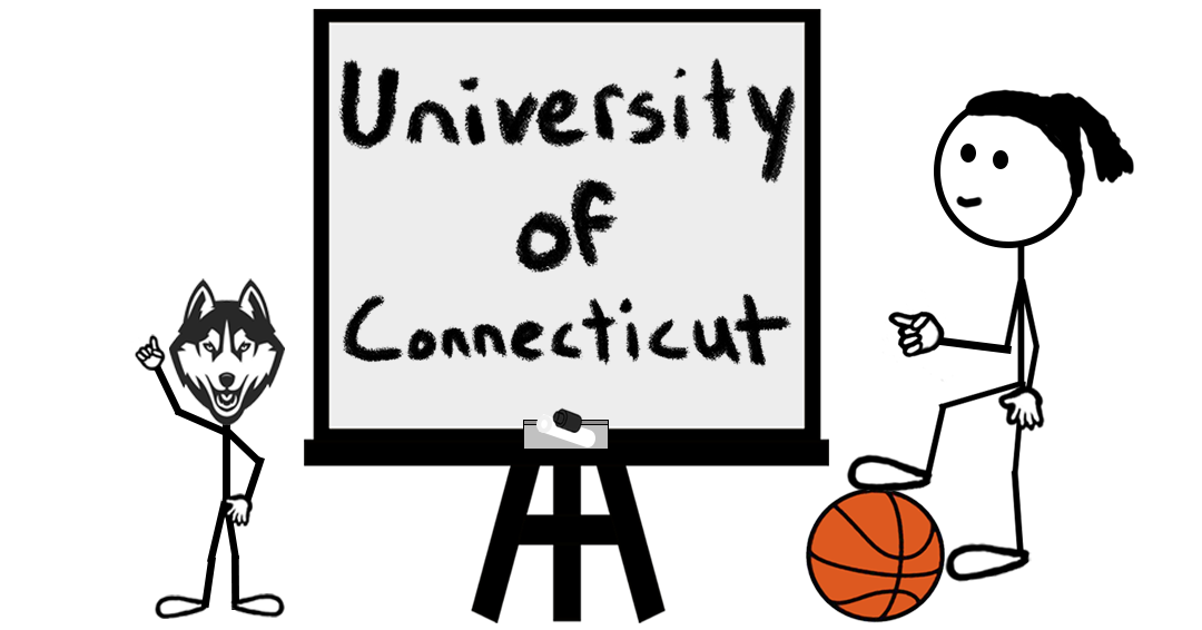 Cartoon stick figure standing on a basketball and pointing at a whiteboard reading UNIVERSITY OF CONNECTICUT – representing a blog post about Final Four 2026 trademark registrations for the University of Connecticut.