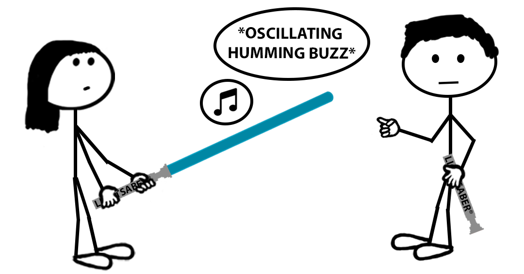 Stick figure holding an ignited blue lightsaber labeled “LIGHTSABER®” facing another with hilt only, with a musical note icon and text “OSCILLATING HUMMING BUZZ” — representing the registered Lightsaber sound mark.
