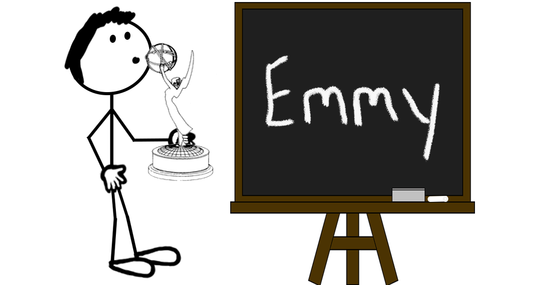 Cartoon stick figure pointing at a chalkboard with “EMMY” written in large chalk letters — representing a blog post about trademark registrations for the Emmy awards.