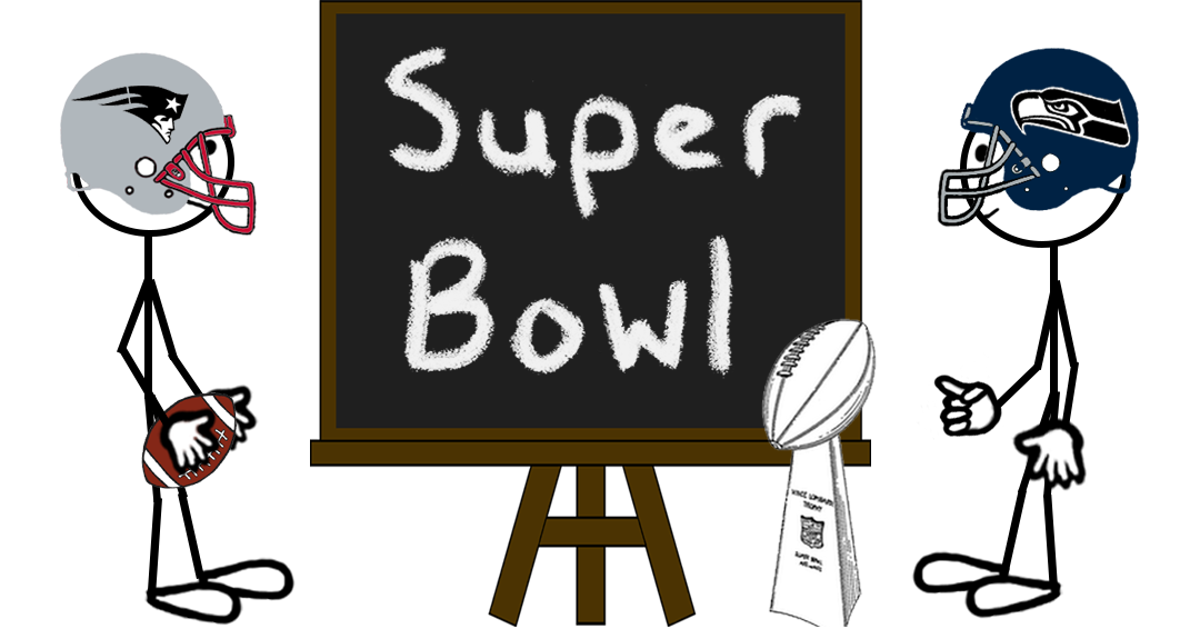 Two football players, one wearing a Seahawks helmet and one wearing a Patriots helmet, standing next to a chalkboard reading “Super Bowl” – representing a blog post about Super Bowl trademark registrations.