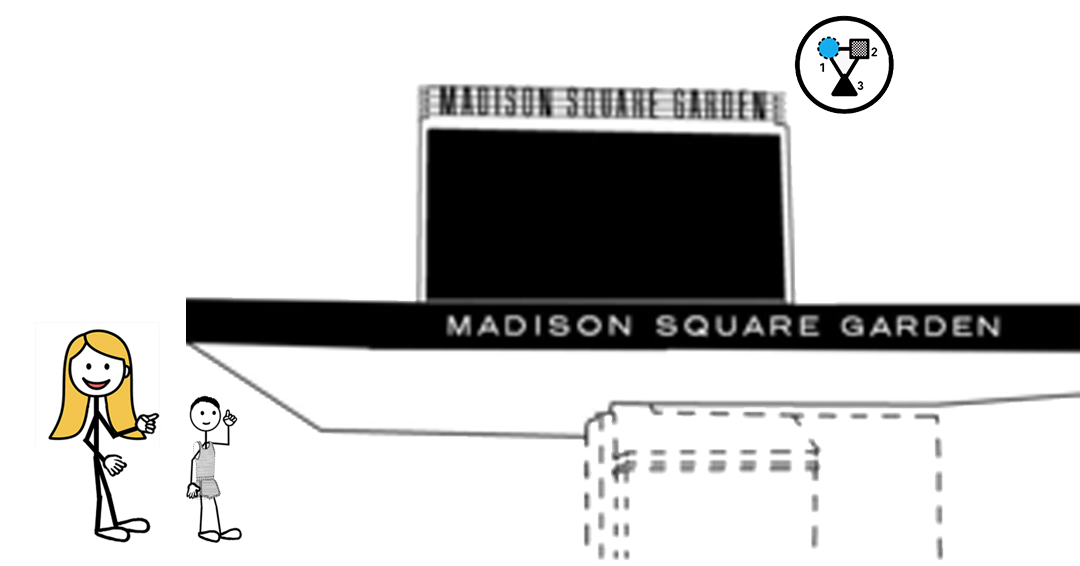 Cartoon stick figures looking and pointing at an outdoor marquee — representing a blog post about the Madison Square Garden Marquee configuration mark trademark registration.