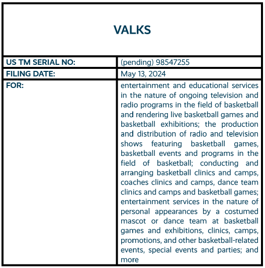 VALKS word mark pending trademark application