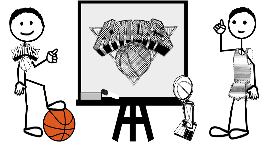 Cartoon basketball stick figures standing next to a whiteboard depicting the Knicks Logo – representing a blog post about 2026 NBA Finals and New York Knicks trademark registrations.