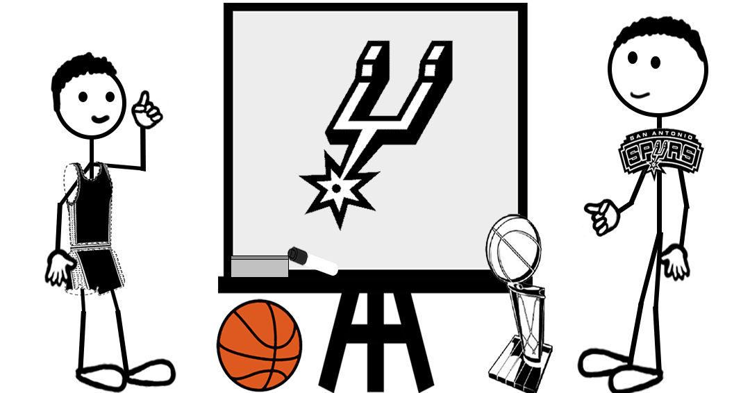Cartoon basketball stick figures standing next to a whiteboard depicting the Spurs Logo – representing a blog post about 2026 NBA Finals and San Antonio Spurs trademark registrations.