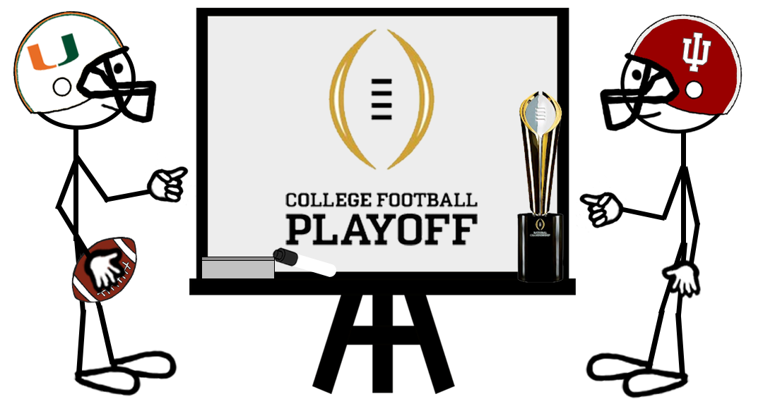University of Miami and Indiana University football stick figure players standing next to a whiteboard with the College Football Playoff Logo - representing a blog post about College Football National Championship 2026 trademark registrations.