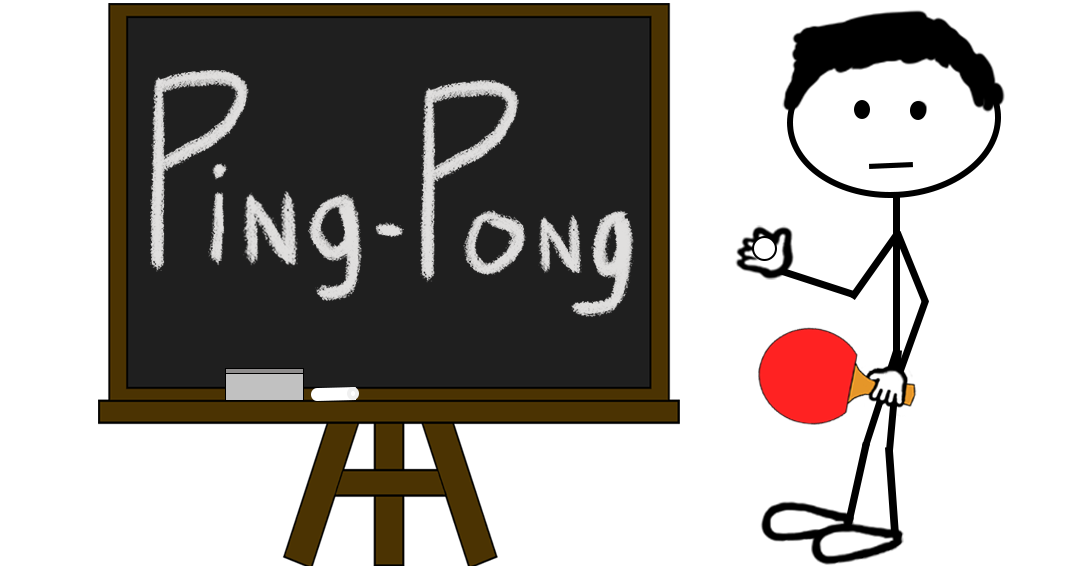 Cartoon stick figure holding a table tennis paddle and pointing towards a chalkboard with “Ping-Pong” written in large chalk letters — representing a blog post about the Ping-Pong word mark trademark registration.