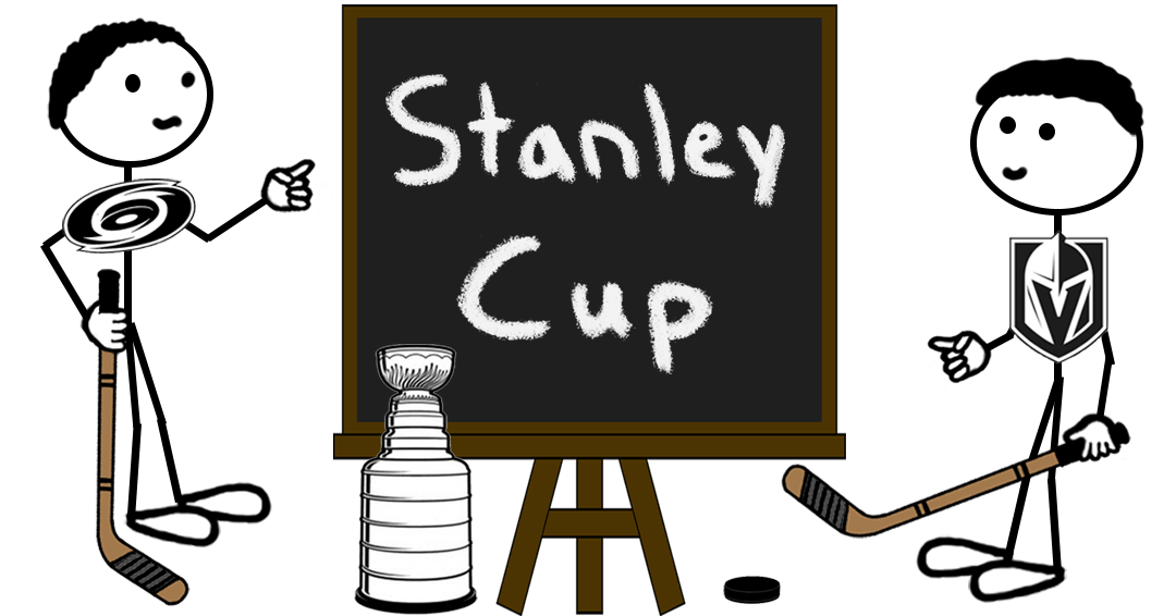Two hockey players standing next to a sport championship trophy and pointing at a chalkboard reading "Stanley Cup" - representing a blog post about Stanley Cup and NHL trademarks.