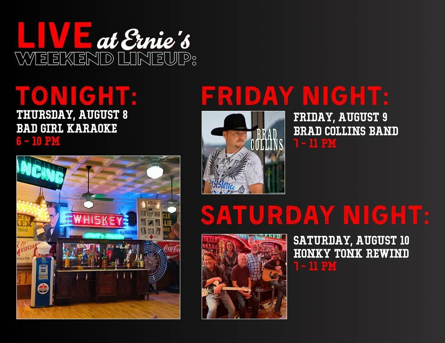 Over the hot temps? Us too 🥵 Come down to Ernie&rsquo;s Tavern tonight for KARAOKE with Bad Girl Karaoke/DJ from 6-10PM! 🎤