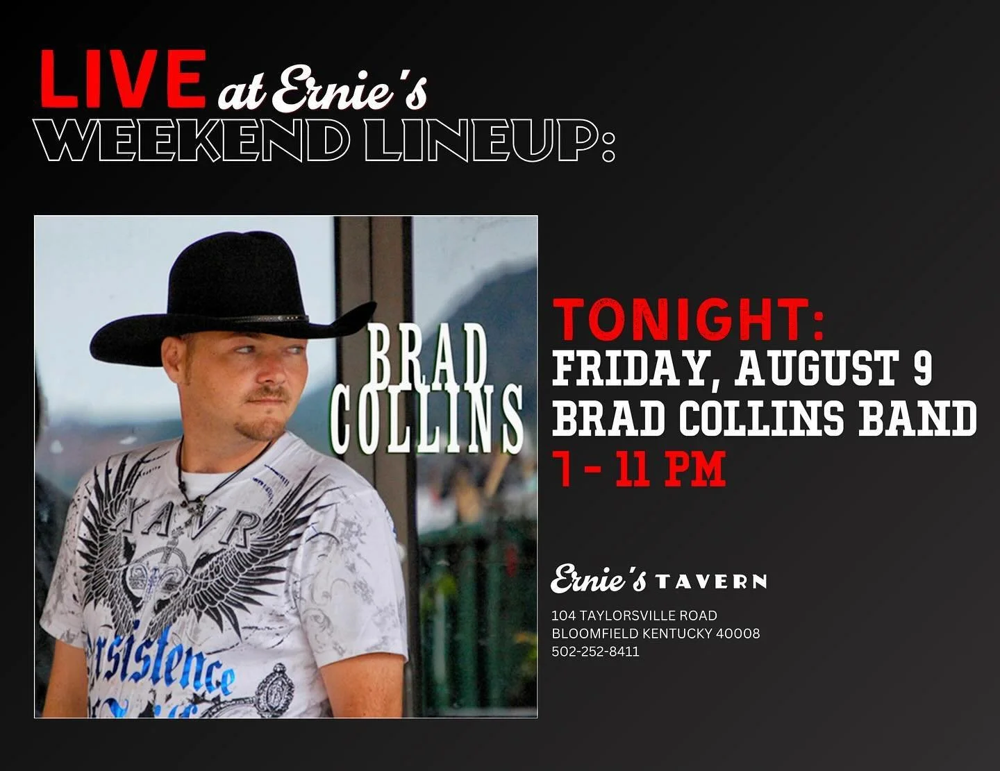 See you all tonight at Ernie&rsquo;s Tavern for fantastic live music with Brad R Collins, refreshing drinks, and delicious food! 🎵🍸🍻🎸🤠