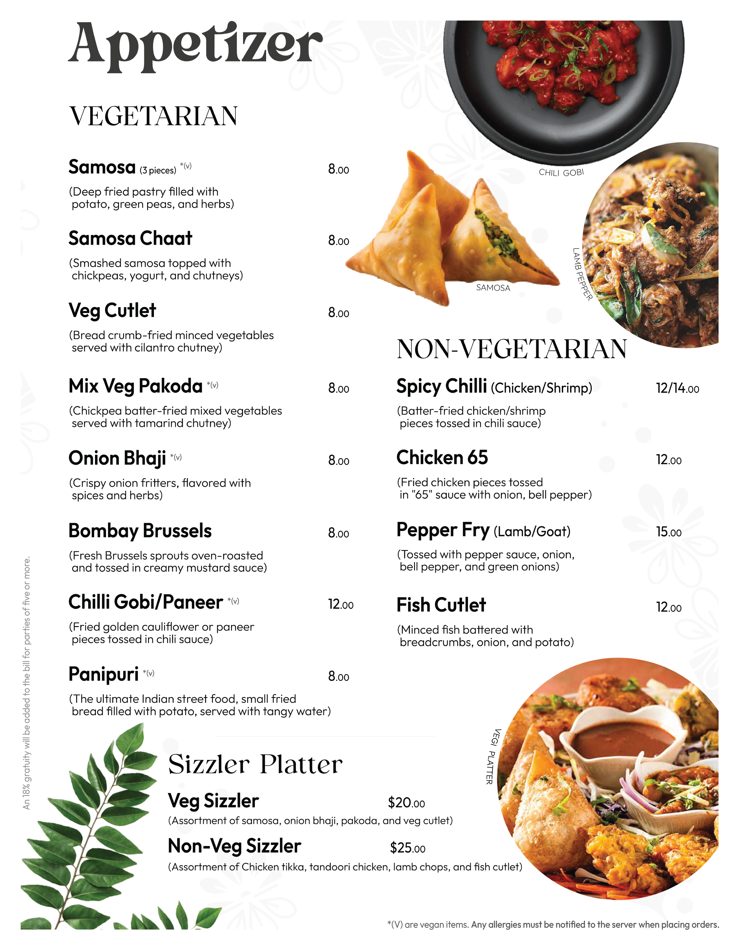 Restaurant menu featuring vegetarian and non-vegetarian appetizers such as samosas, onion bhaji, and chicken 65, along with sizzler platters. Prices and descriptions included.