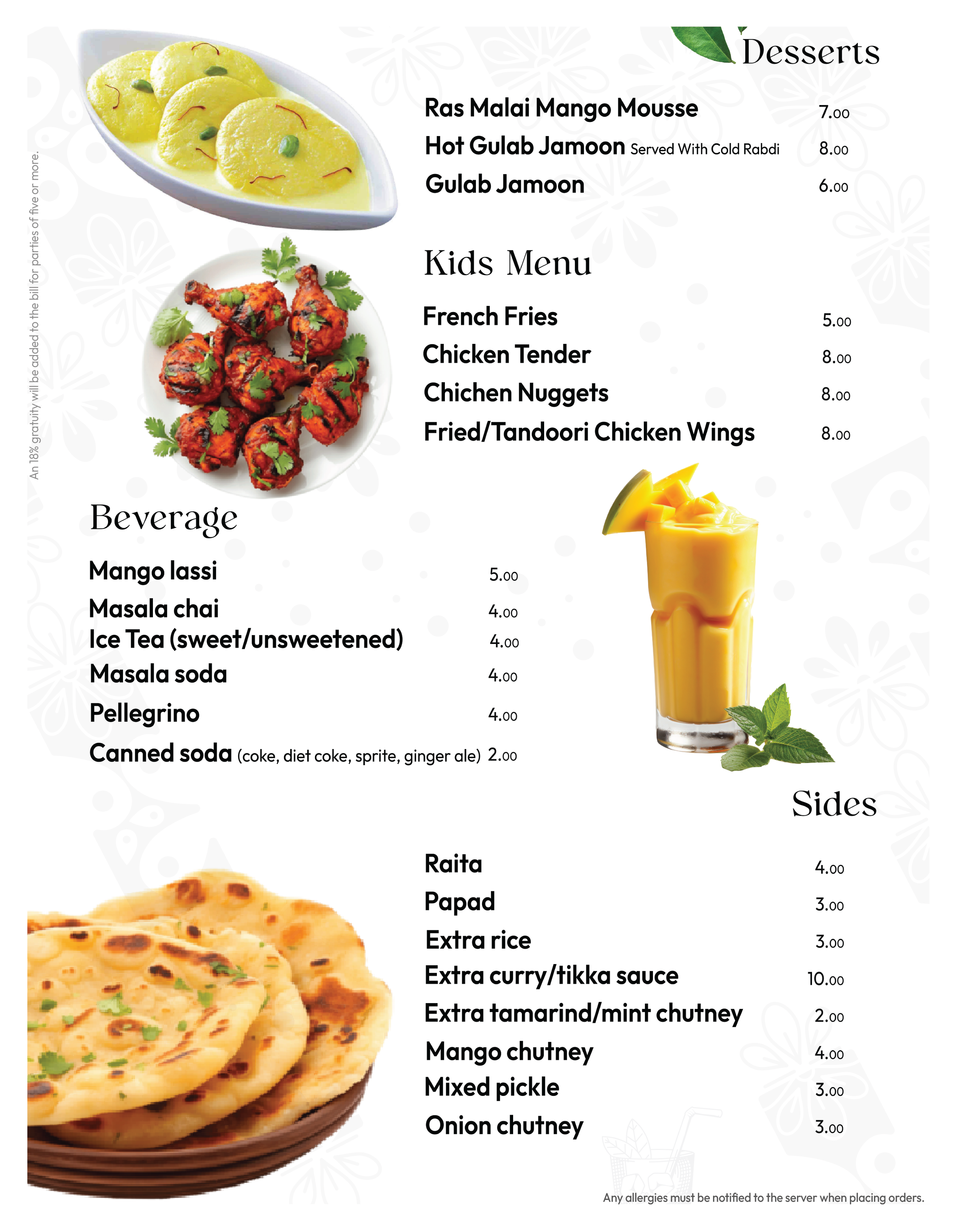 Image of a menu featuring desserts, kids menu items, beverages, and sides with images of Indian dishes, including Ras Malai Mango Mousse, Gulab Jamoon, Chicken Nuggets, Mango Lassi, and assorted bread.