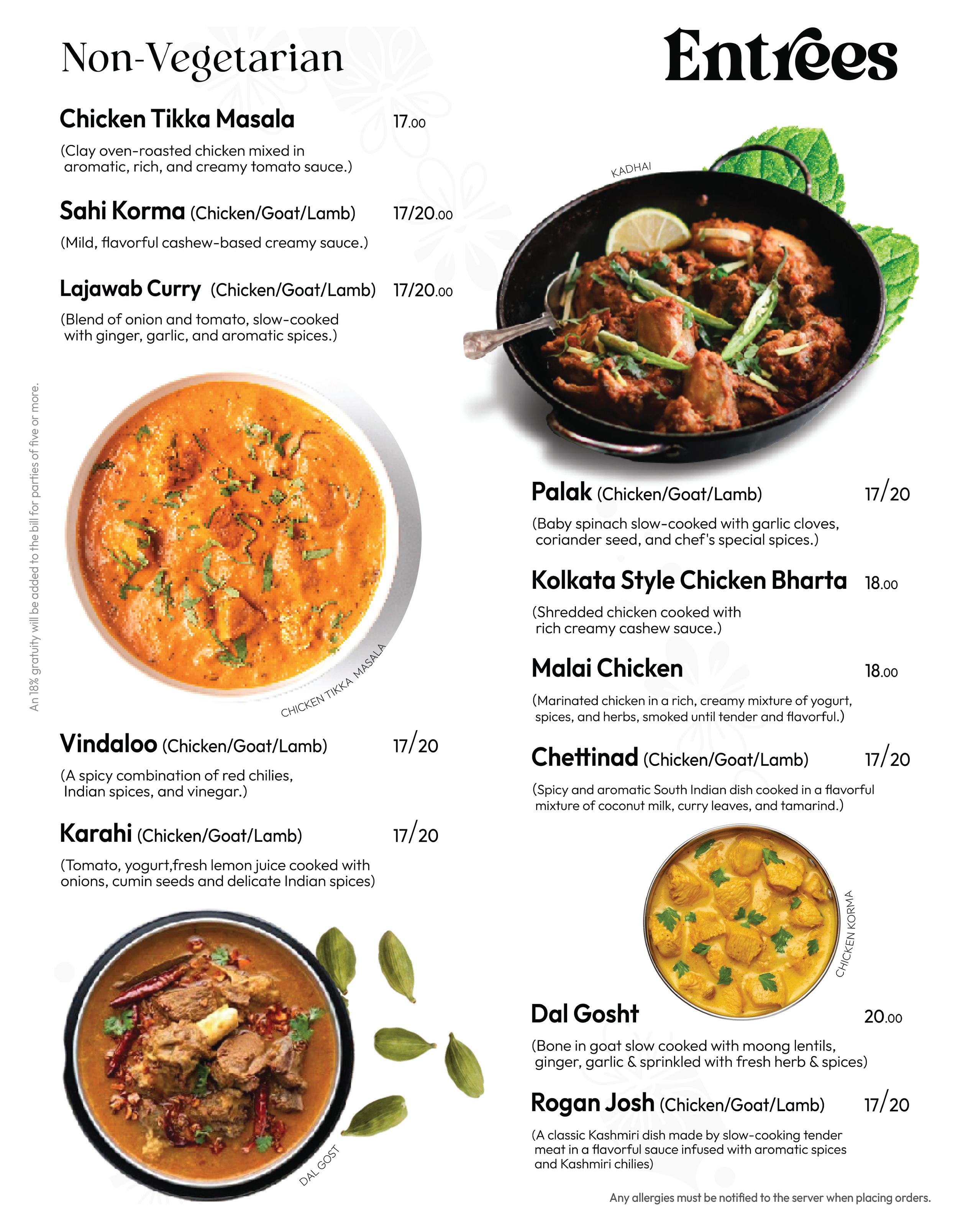Menu featuring non-vegetarian entrées with various dishes and descriptions. Options include Chicken Tikka Masala, Sahi Korma, Lajawab Curry, Vindaloo, Karahi, Palak, Kolkata Style Chicken Bharta, Malai Chicken, Chettinad, Dal Gosht, and Rogan Josh. Prices are listed alongside each dish.
