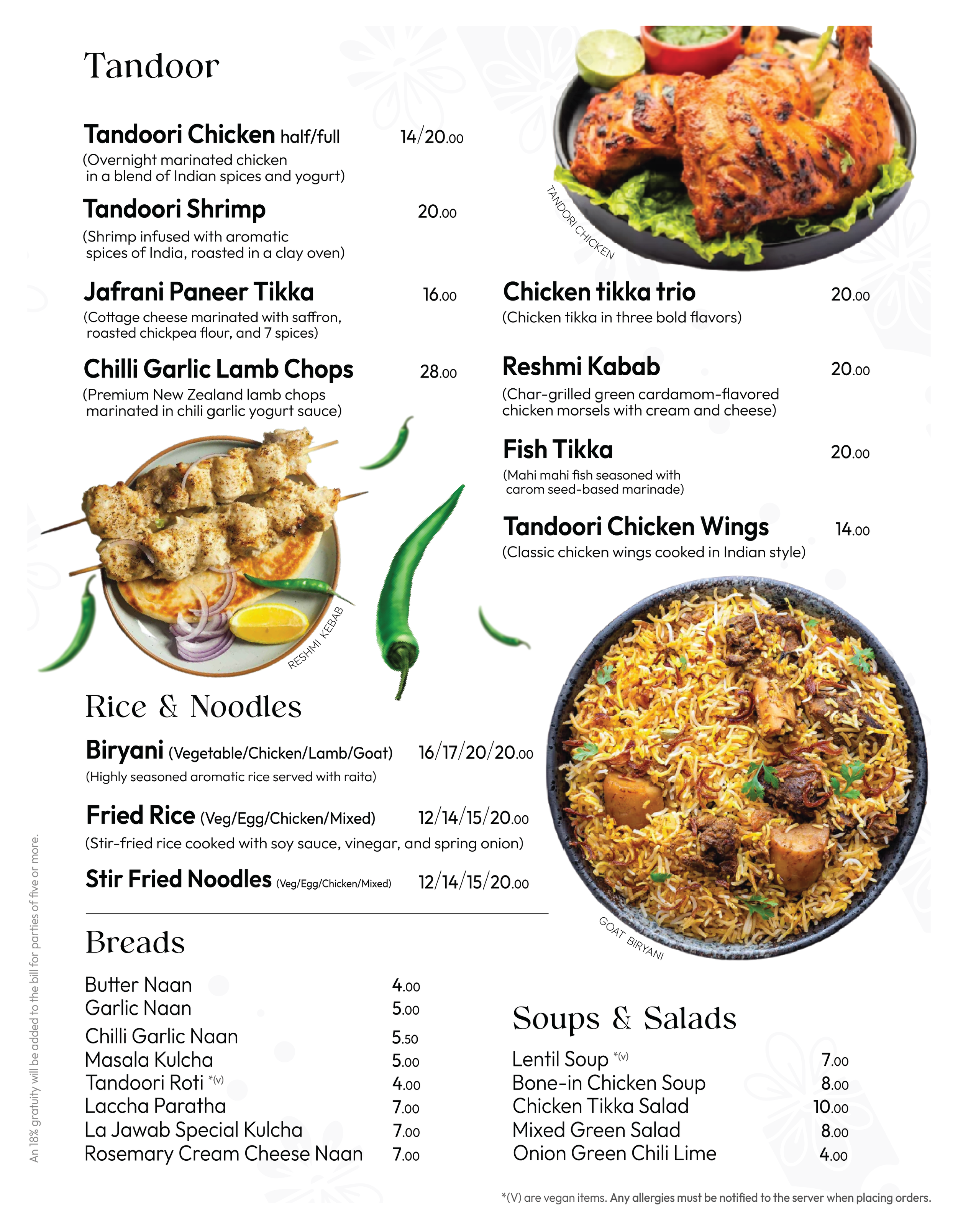 A restaurant menu featuring various dishes under categories Tandoor, Rice & Noodles, Breads, and Soups & Salads. Tandoor options include Tandoori Chicken and Reshmi Kabab. Rice & Noodles list Biryani and Fried Rice. Breads like Butter Naan are available. Soups & Salads include Lentil Soup and Chicken Tikka Salad. Prices are listed for each item.