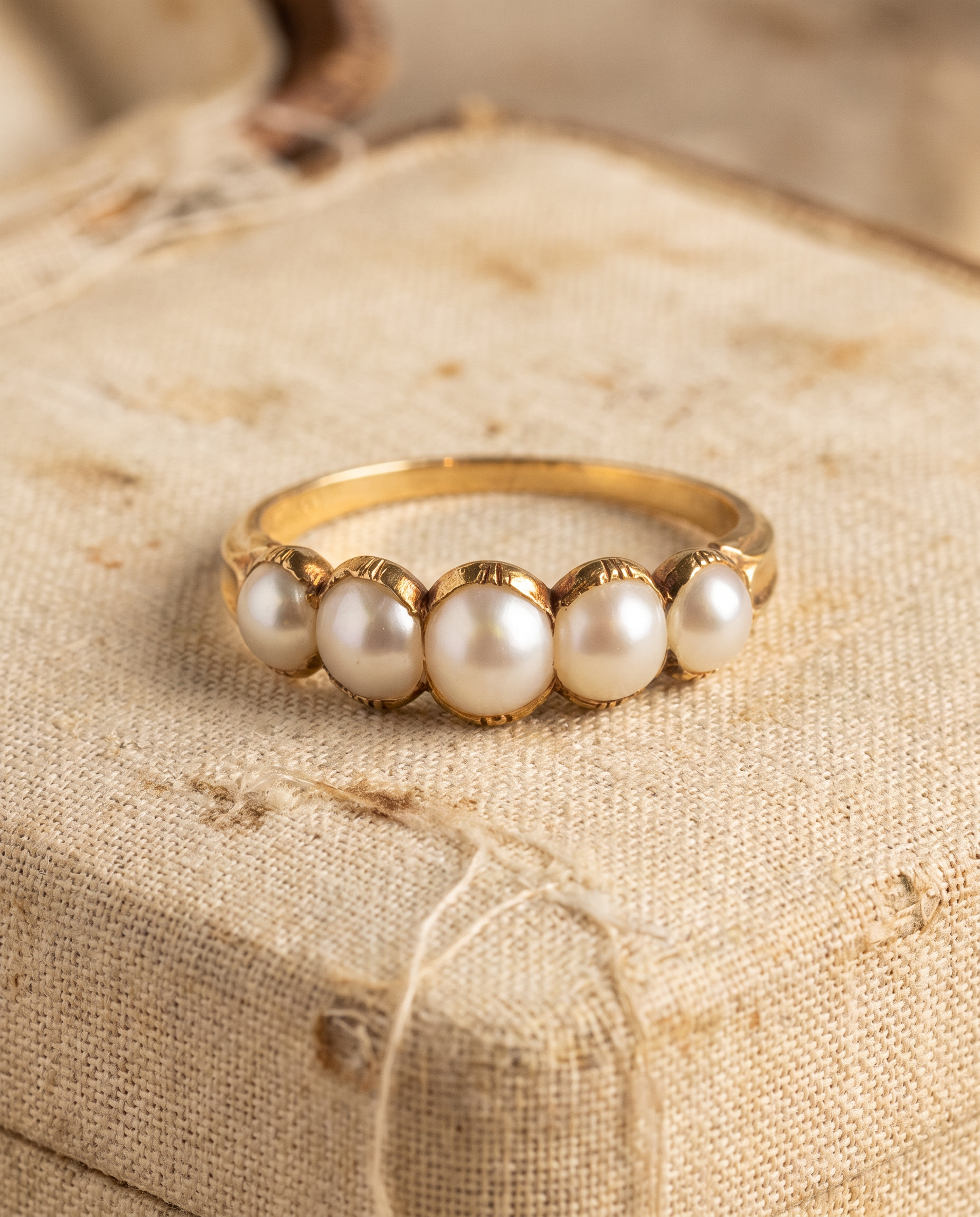 Antique Victorian 5 Stone Split Pearl Ring Carved Gallery 18K Yellow Gold