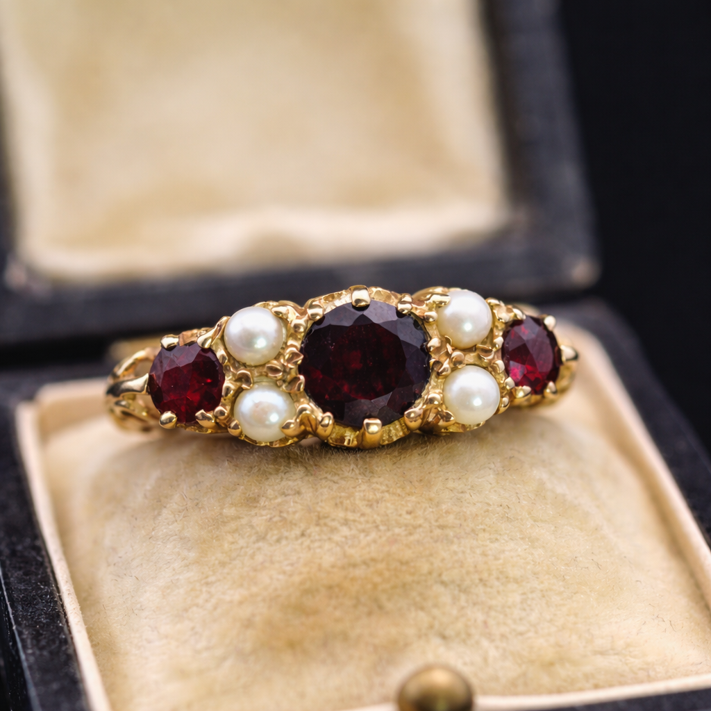 Vintage 9K Gold Garnet & Seed Pearl Ring