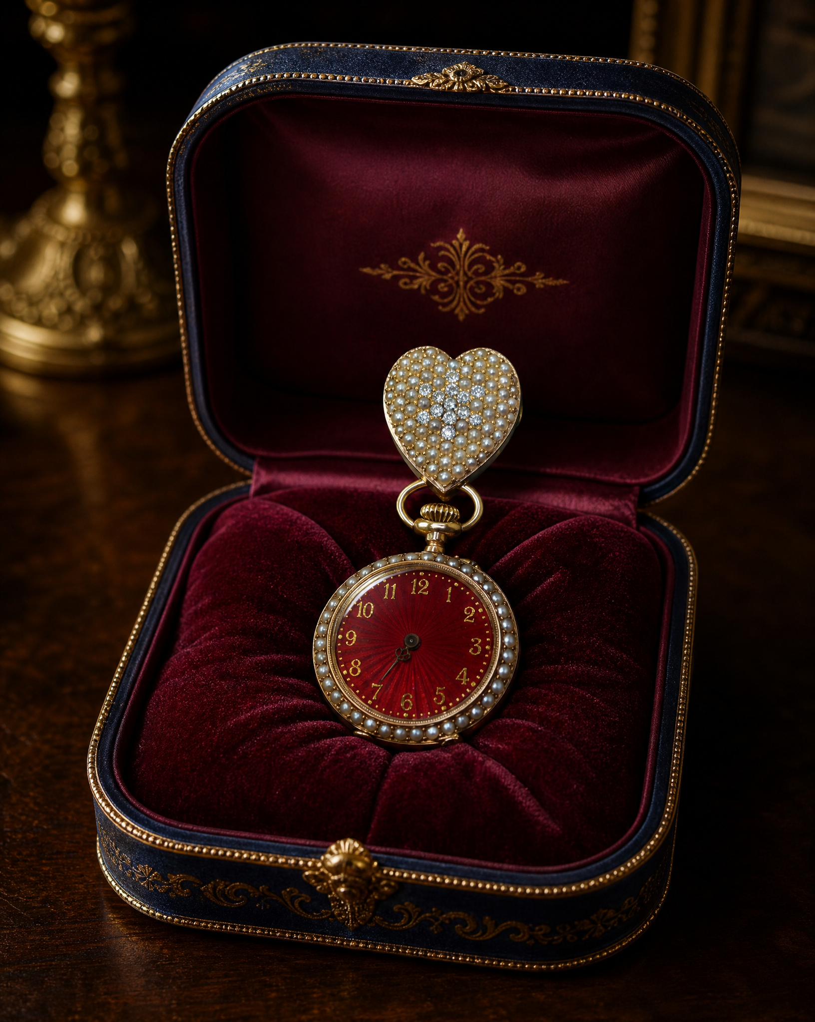 Victorian Diamond Heart & Red Guilloché Enamel Pearl Reversible Lapel Watch