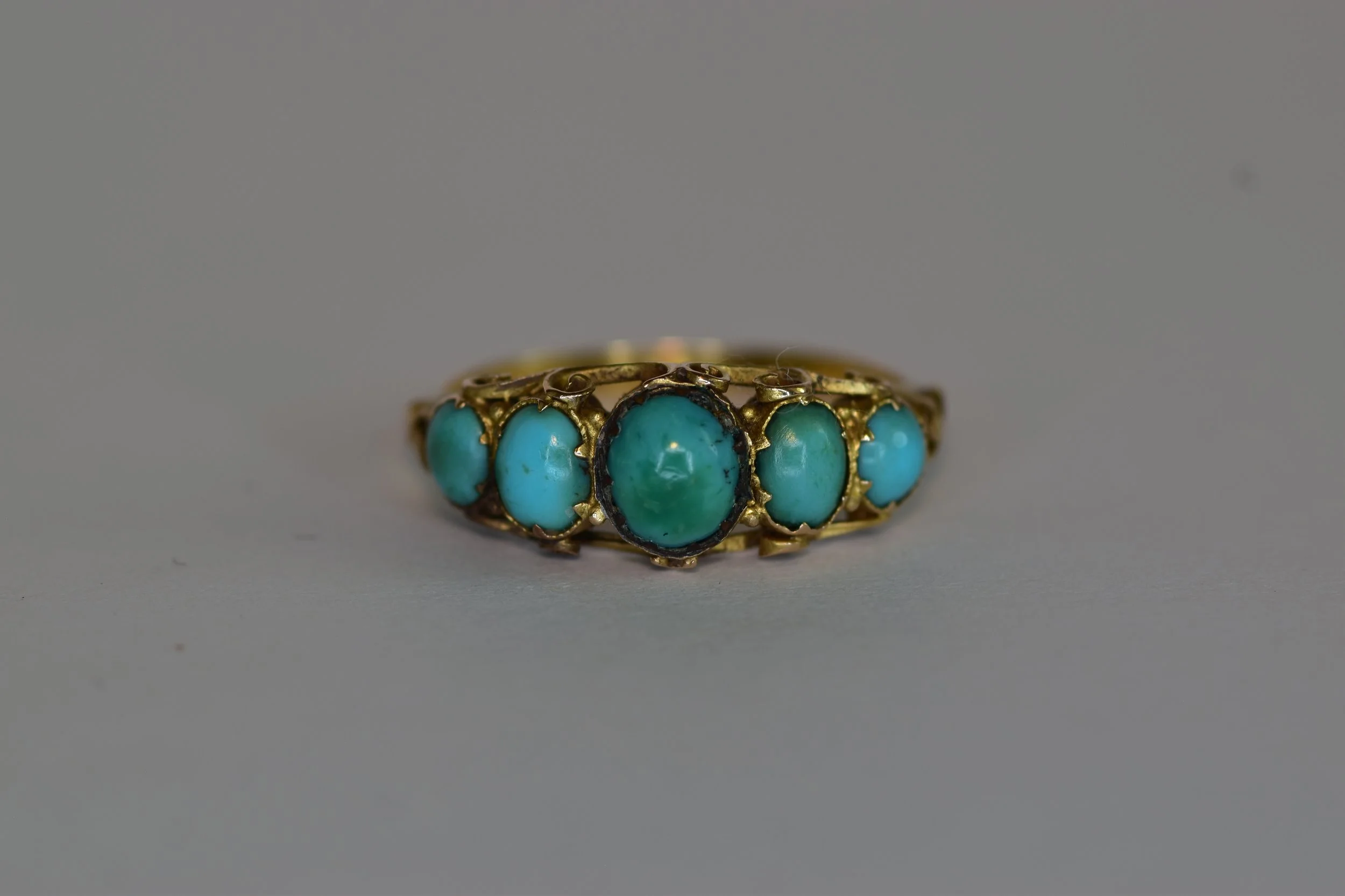 Antique Victorian 5 Stone Turquoise Ring Carved Gallery Yellow Gold Half Hoop