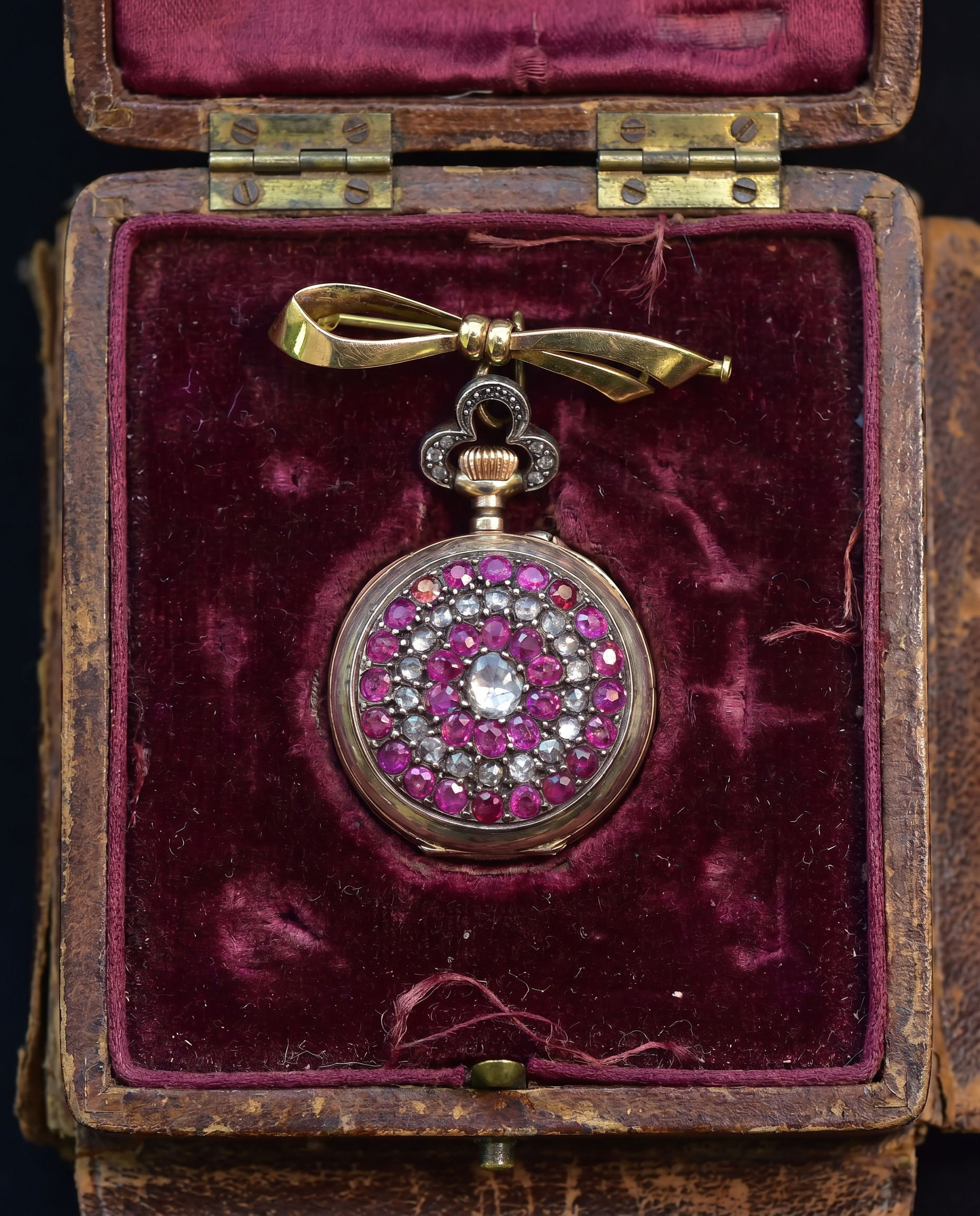 Antique Ruby & Diamond Open Face Lapel Watch Gold & Silver