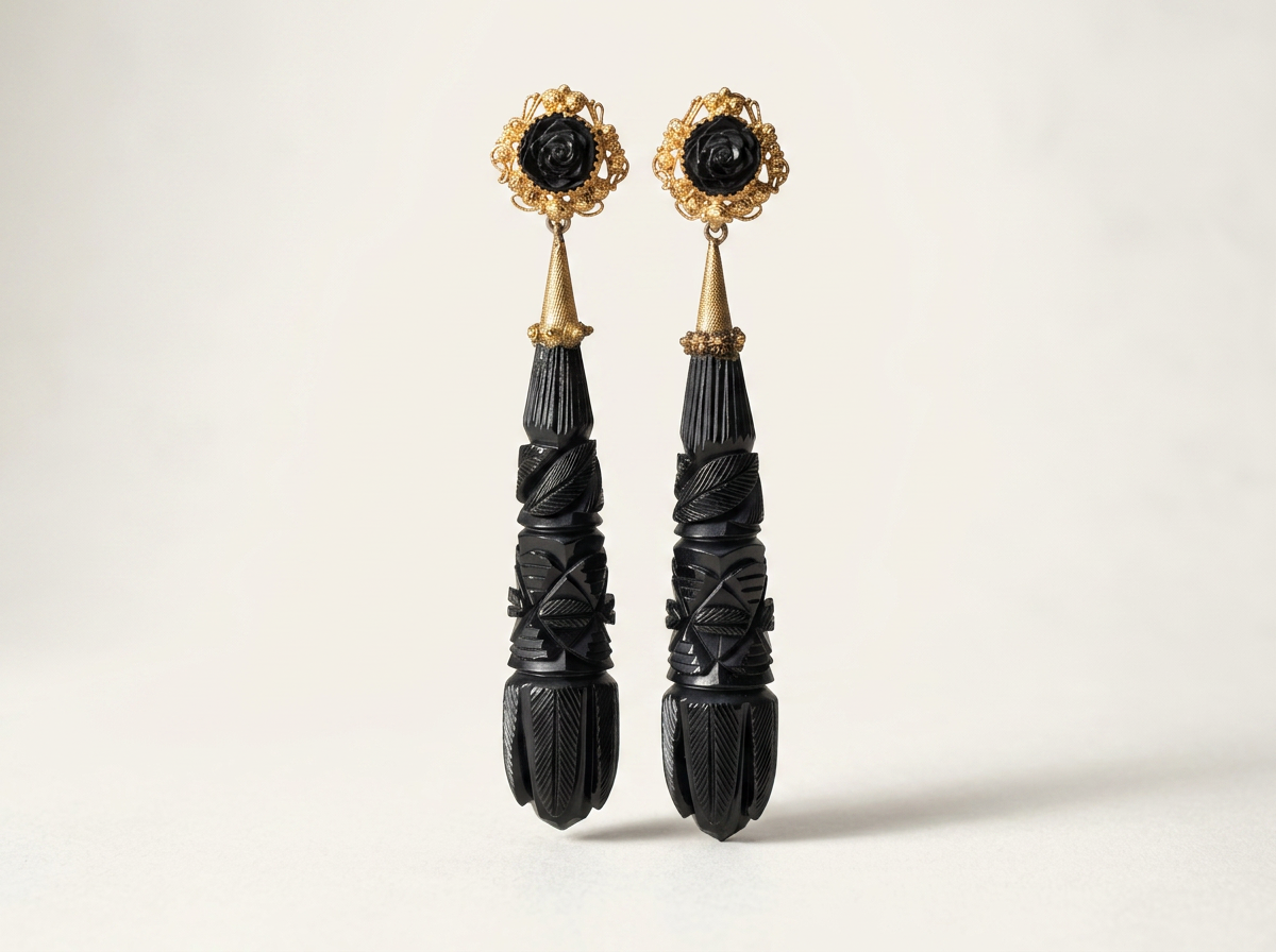 Antique VIctoriana 18k Carved Whitby Jet Day to Night Earrings