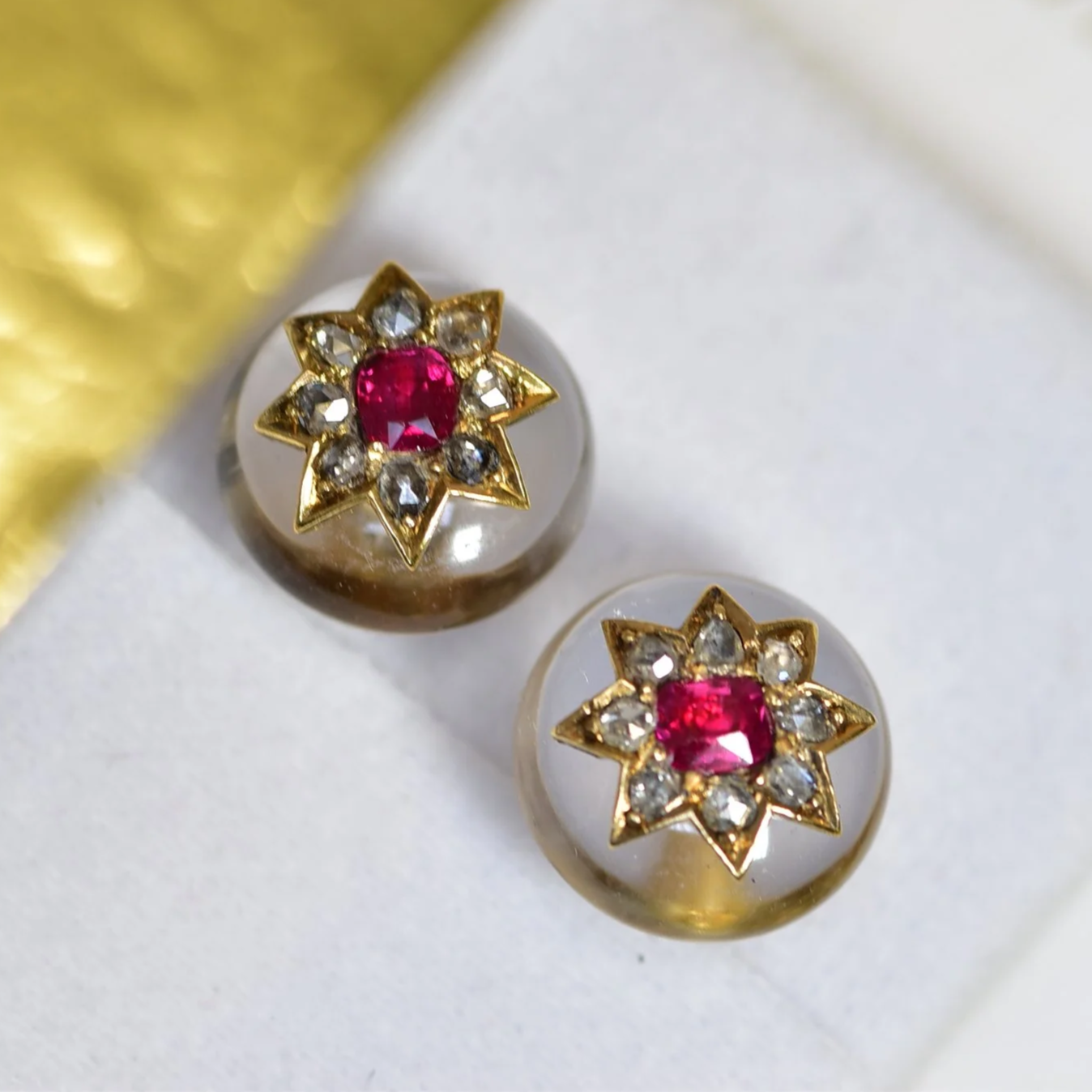 Unusual Art Deco Ruby Diamond Star Pool of Light Earring Studs