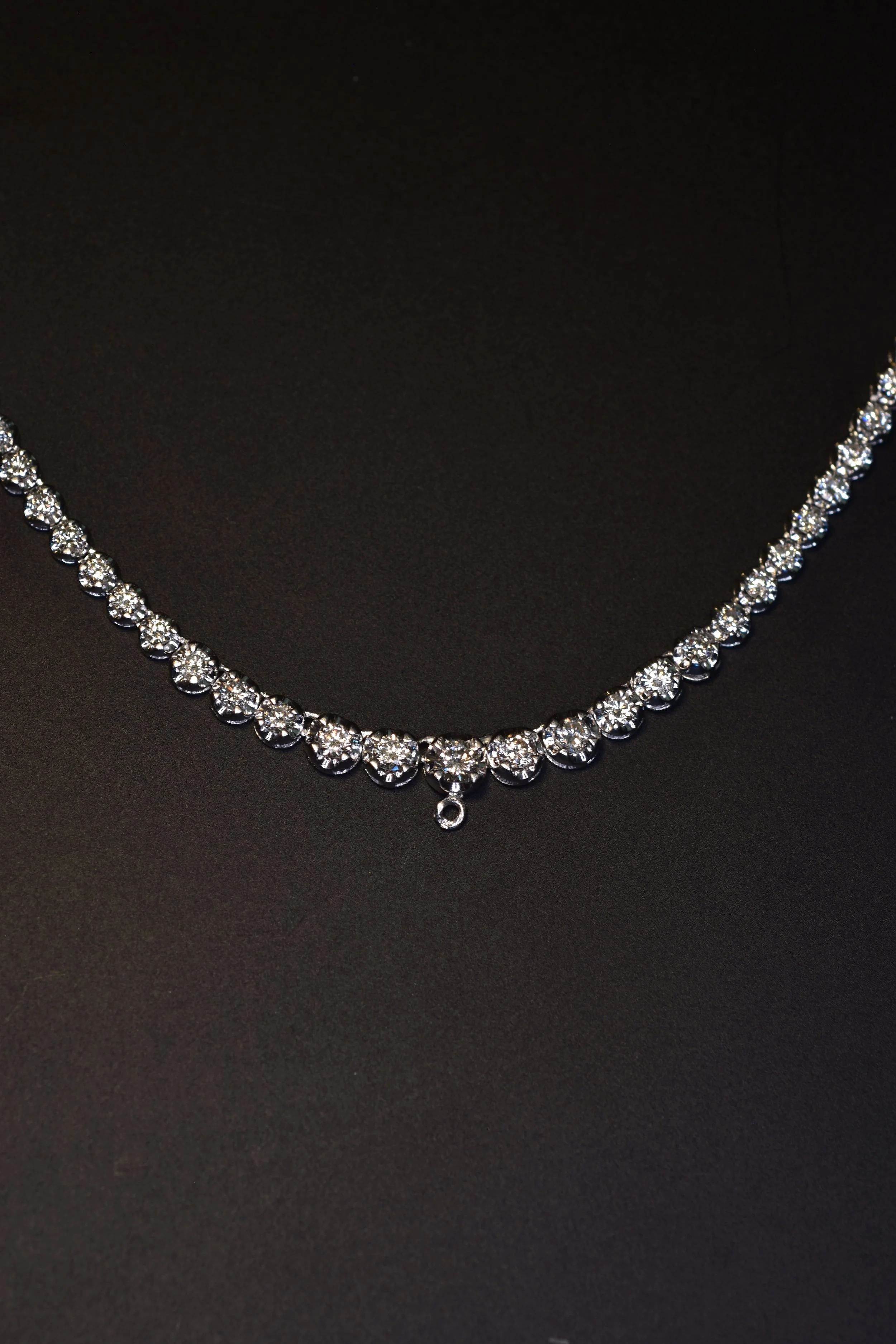 Vintage Platinum Graduated Natural Diamond tennis Necklace showing hidden pendant bail