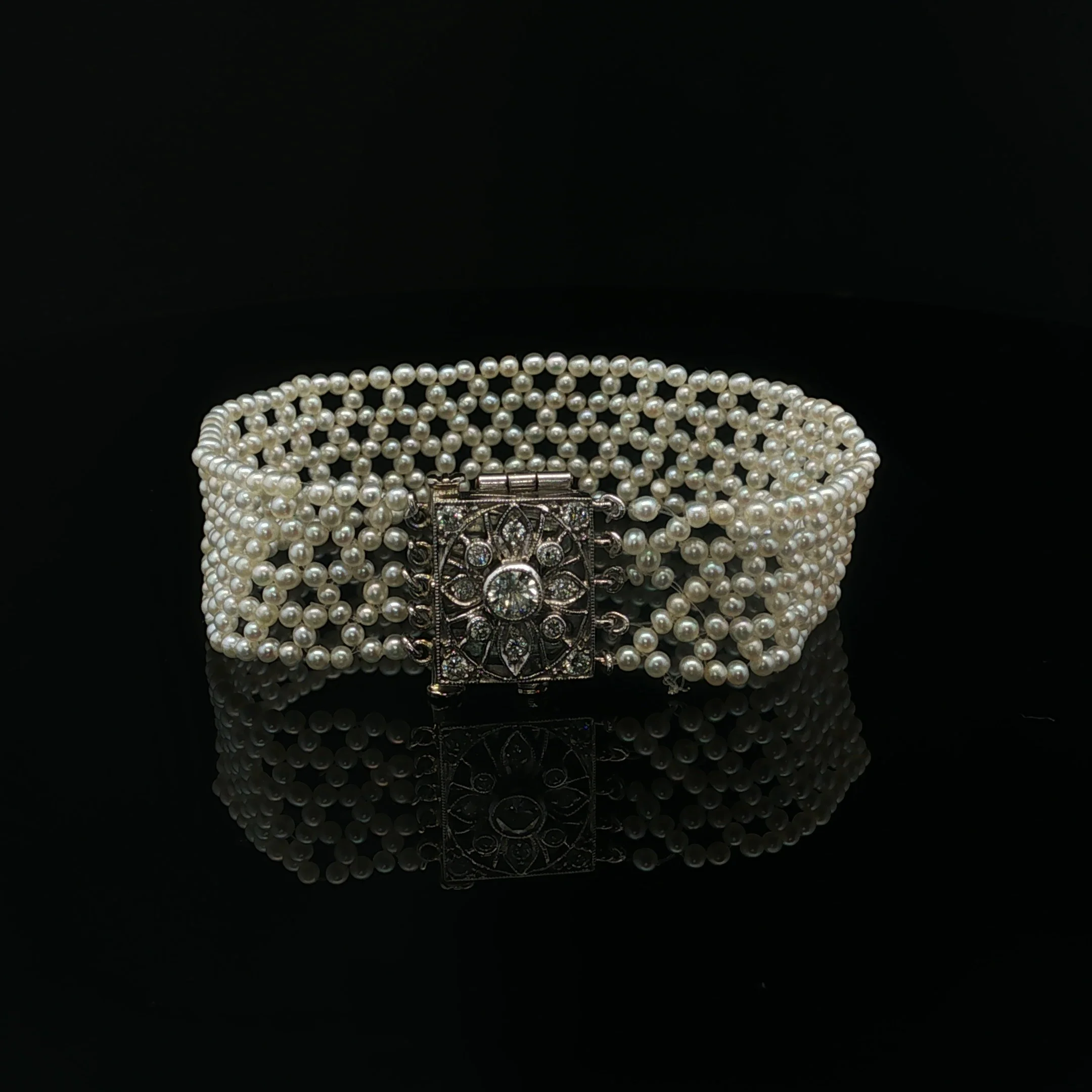 Art Deco 14k Diamond Clasp Seed Pearl Woven Bracelet