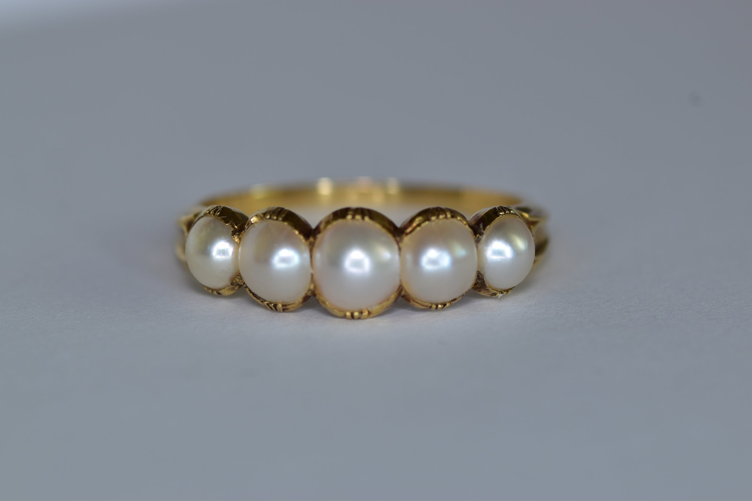 Antique Victorian 5 Stone Split Pearl Ring Carved Gallery 18K Yellow Gold