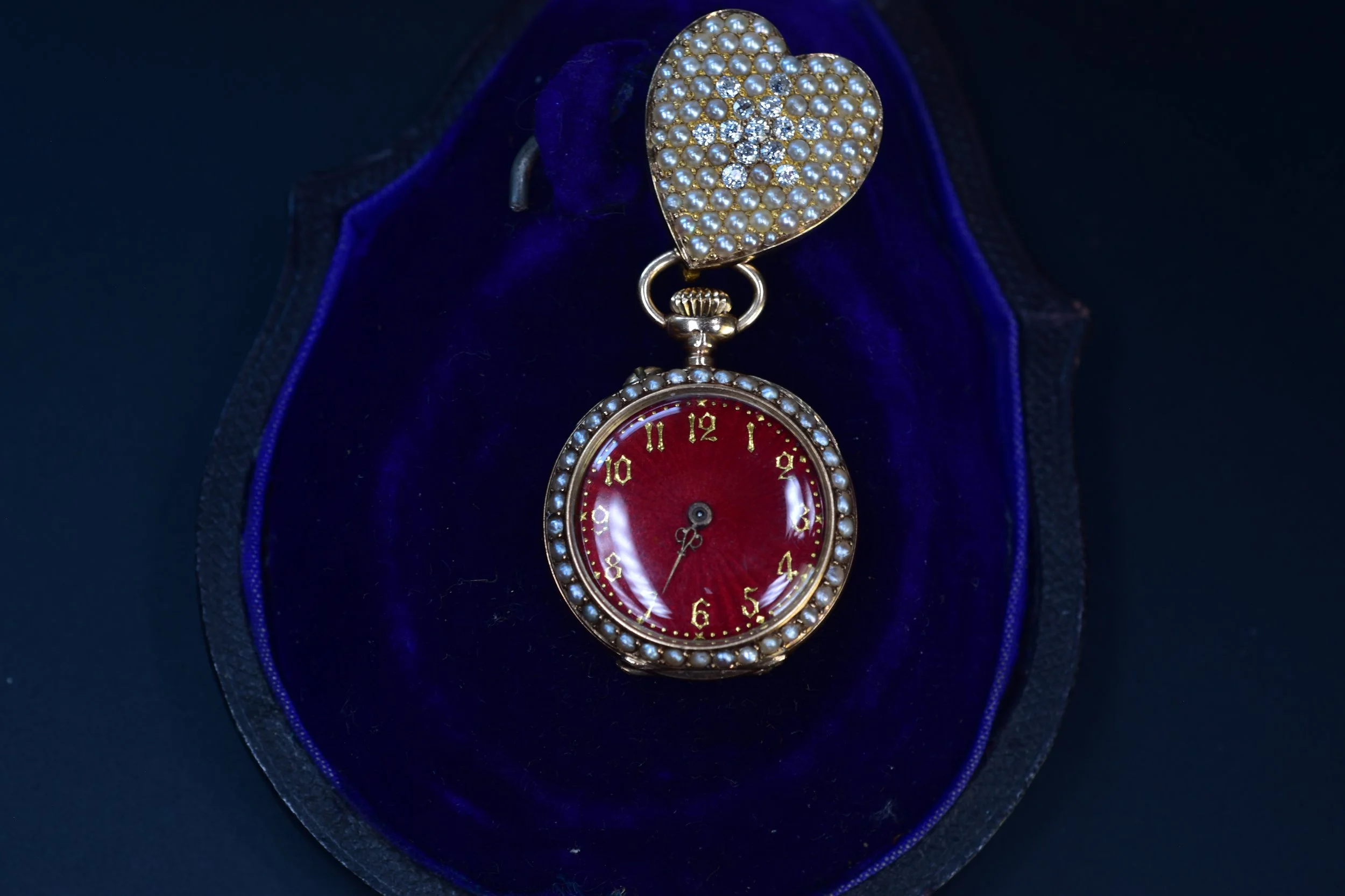 Victorian Diamond Heart & Red Guilloché Enamel Pearl Reversible Lapel Watch