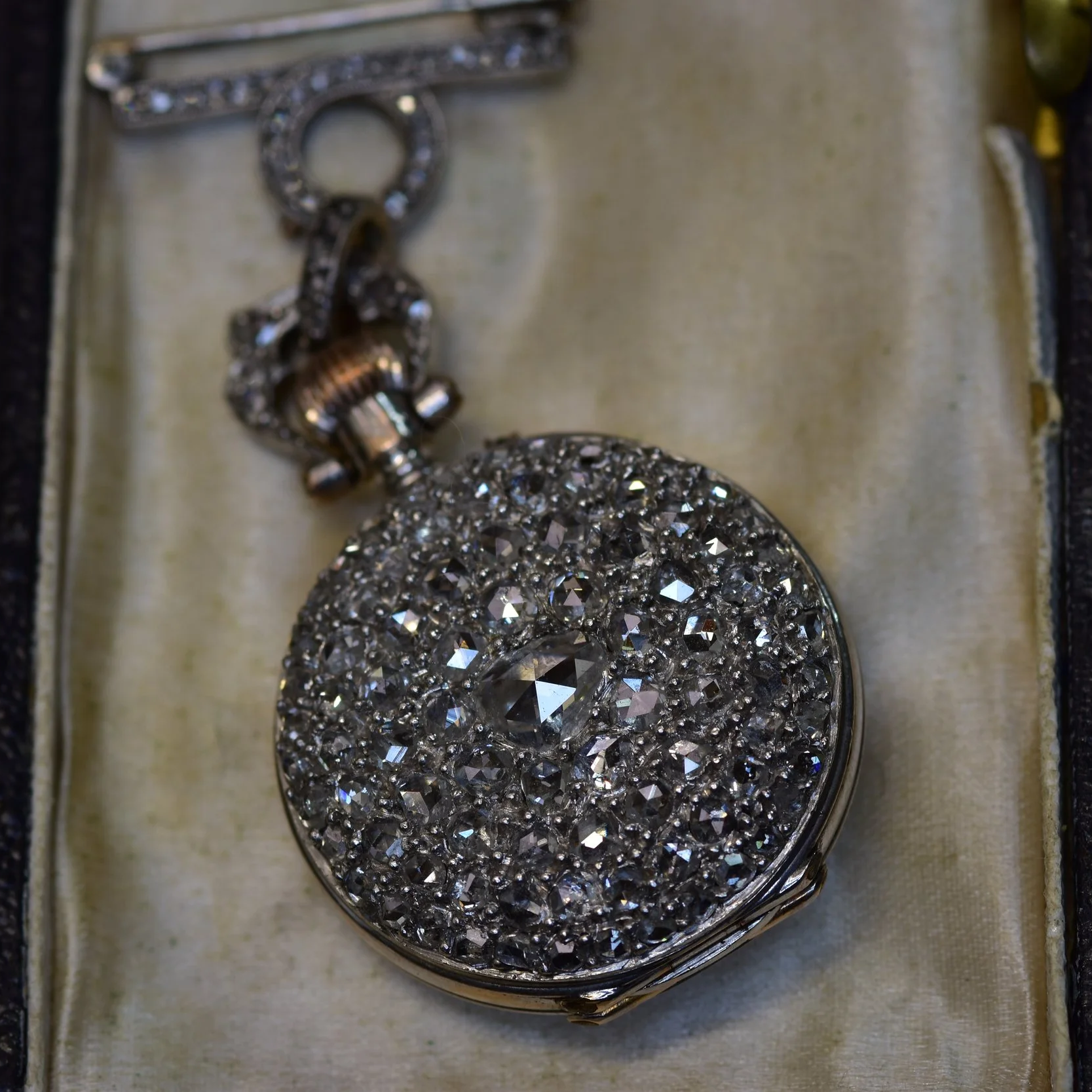All Diamond Pave Platinum Gold Pocket Watch Pendant Brooch