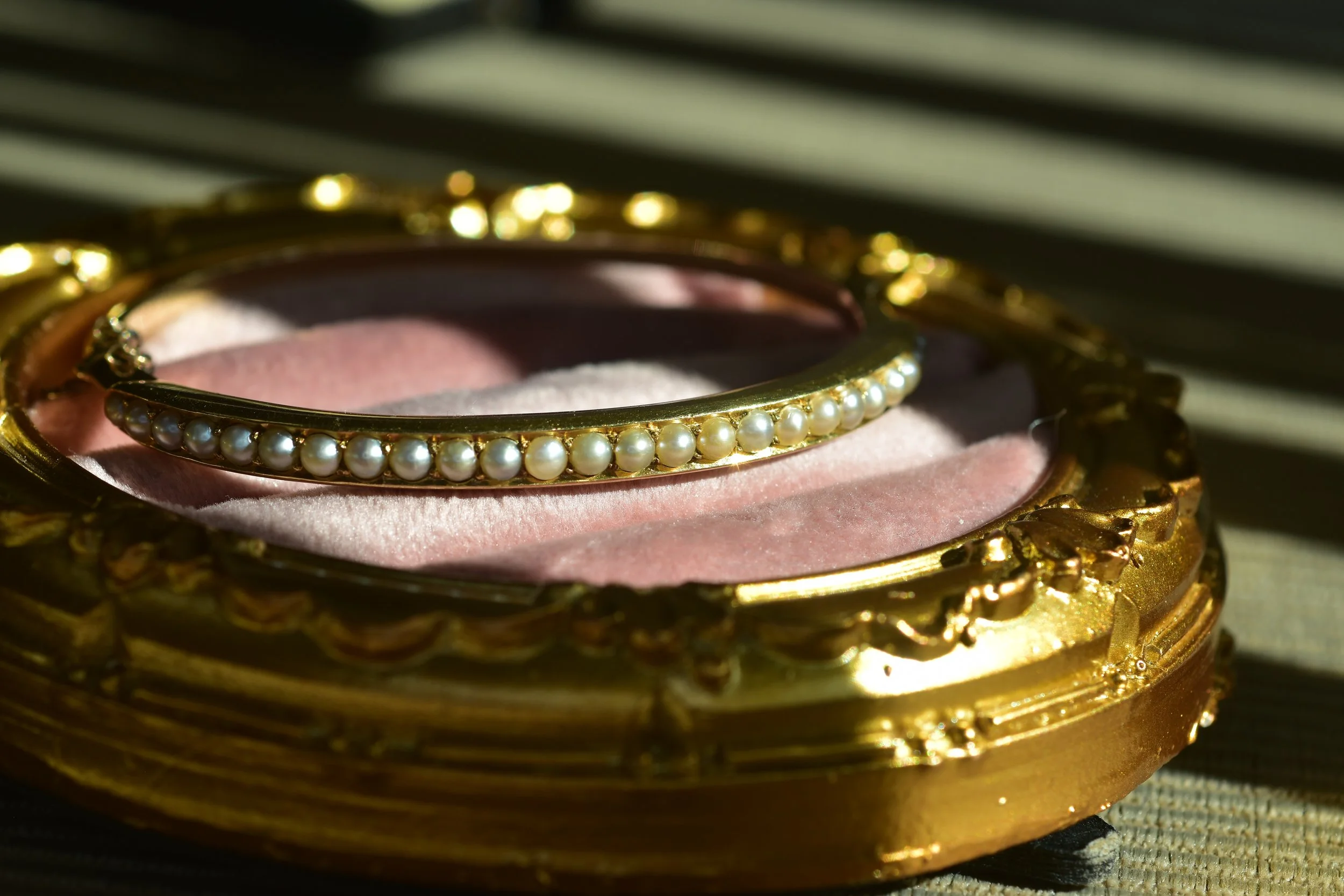 Antique Seed Pearl Bangle on Pink Velvet