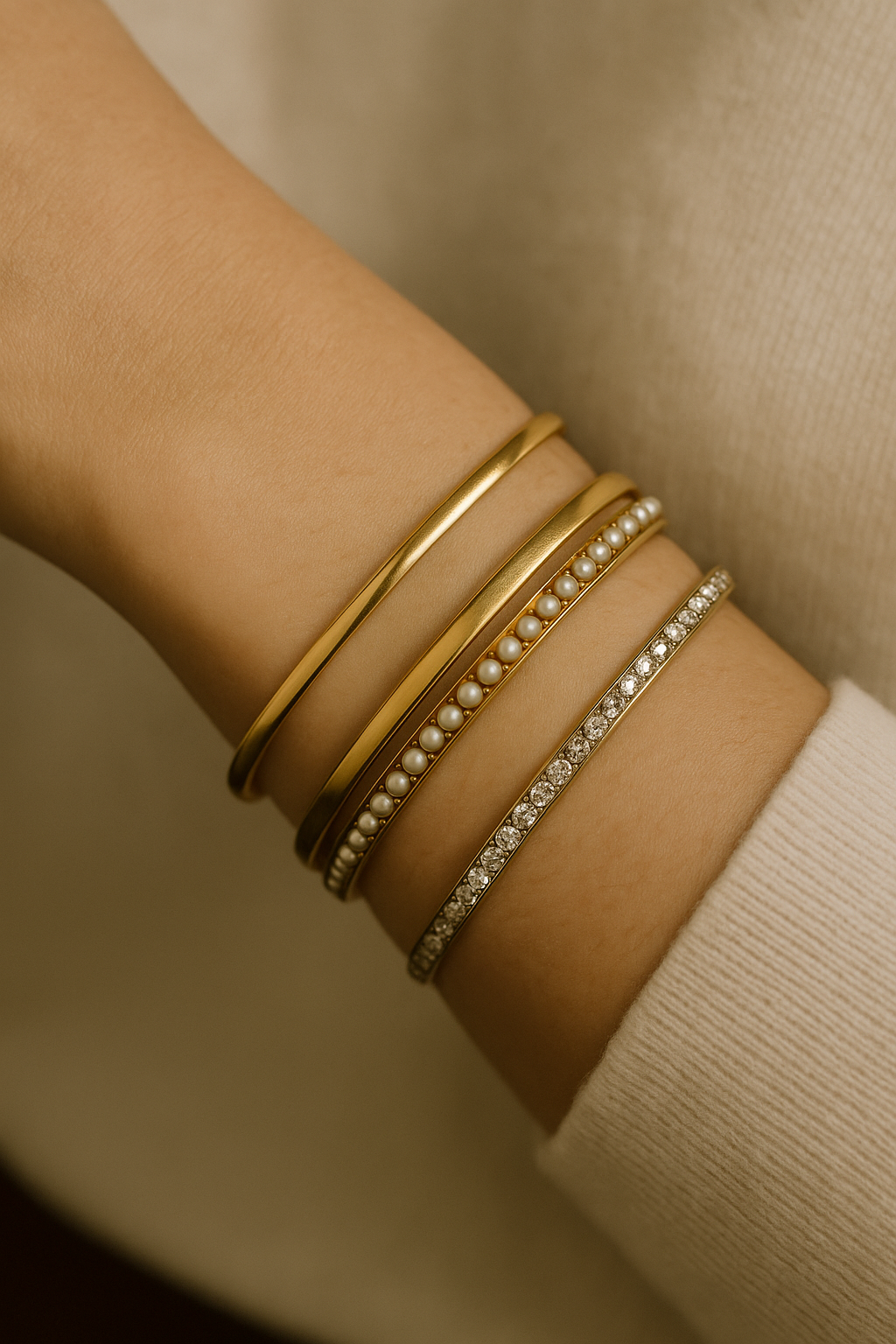 Antique Seed Pearl Bangle on Wrist with other bracelet